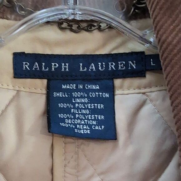 Ralph Lauren Tan Quilted Vest Corduroy Suede Patch Snap Button Sz L - Picture 5 of 6